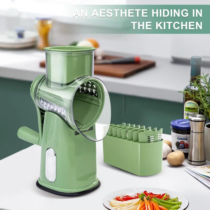 SUSTEAS Rotary Cheese Grater with Handle, 5 Well-Designed Blades and Strong Suction Cup Base, Mandoline Slicer Utensils Retro Green Kitchen Gadgets - Image 2