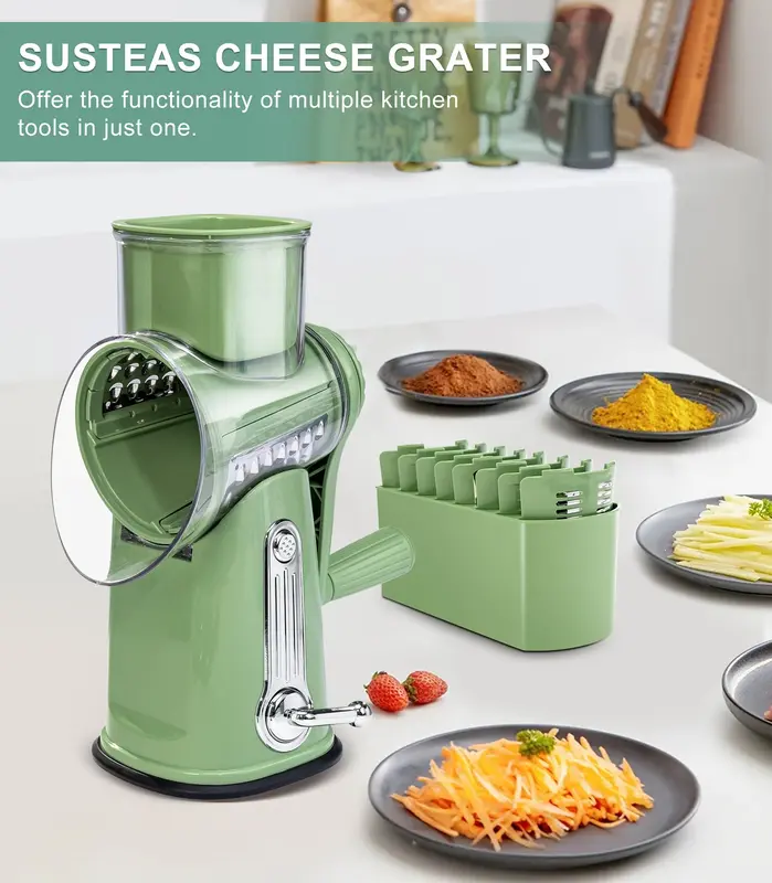 SUSTEAS Rotary Cheese Grater with Handle, 5 Well-Designed Blades and Strong Suction Cup Base, Mandoline Slicer Utensils Retro Green Kitchen Gadgets - Image 3