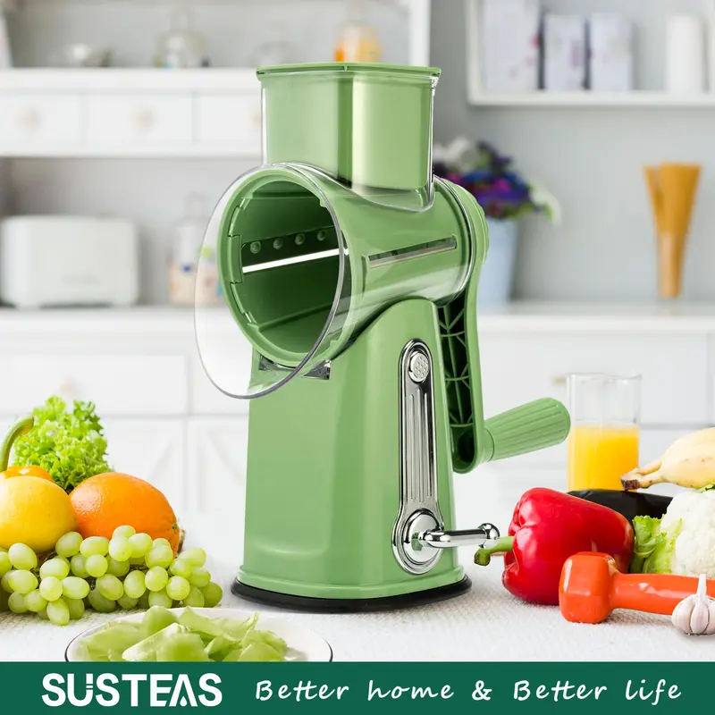 SUSTEAS Rotary Cheese Grater with Handle, 5 Well-Designed Blades and Strong Suction Cup Base, Mandoline Slicer Utensils Retro Green Kitchen Gadgets - Image 4