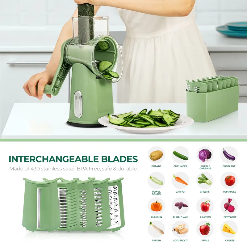 SUSTEAS Rotary Cheese Grater with Handle, 5 Well-Designed Blades and Strong Suction Cup Base, Mandoline Slicer Utensils Retro Green Kitchen Gadgets - Image 7